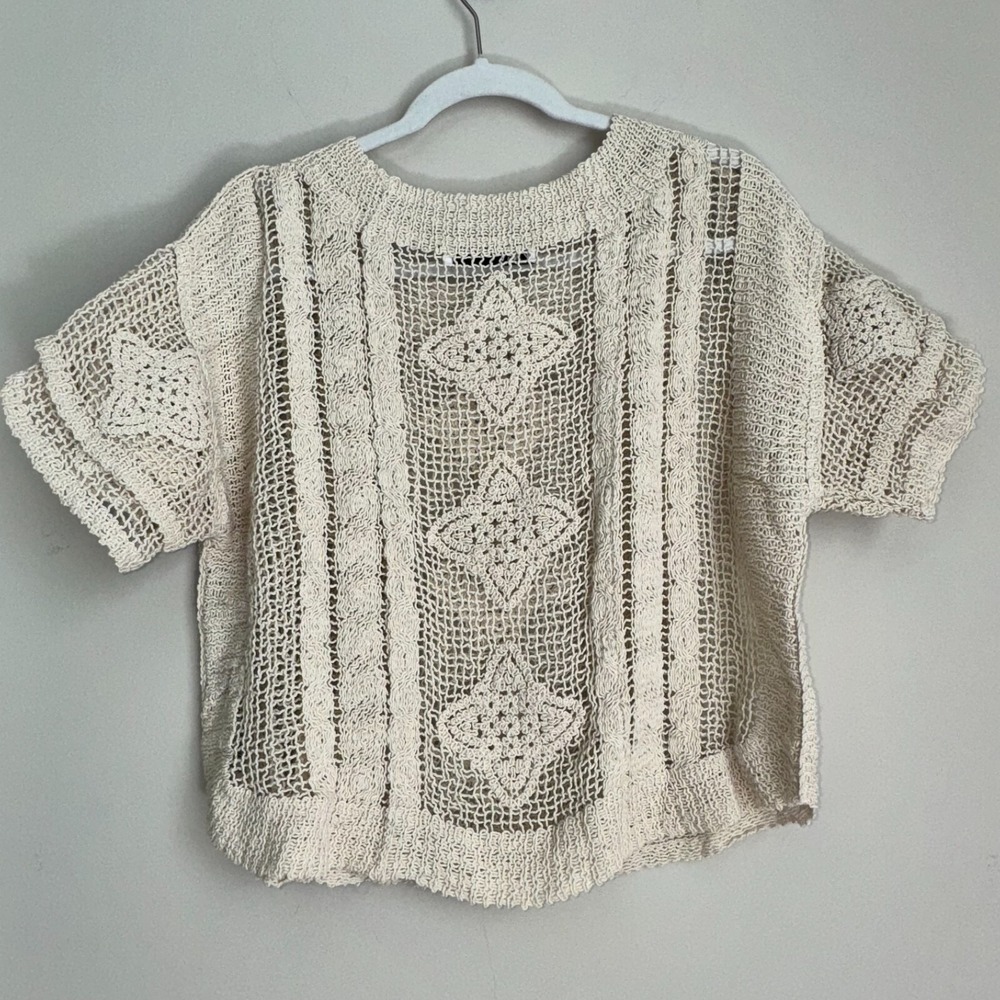 Zara Crocheted Short Sleeve Top Cream Boho Festival Beach Coastal Cowgirl Medium - Picture 9 of 14